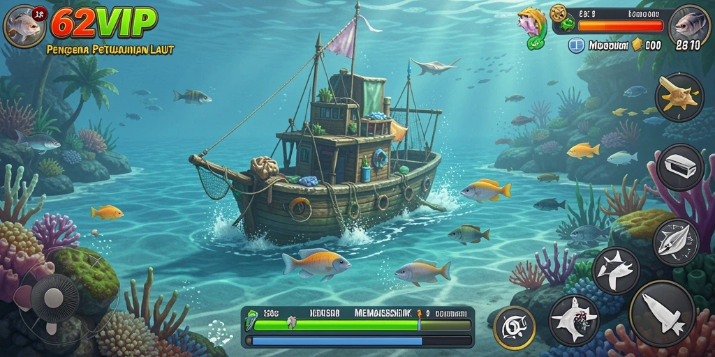 Screenshot gameplay 62VIP menunjukkan aksi memancing yang mendebarkan di lautan.