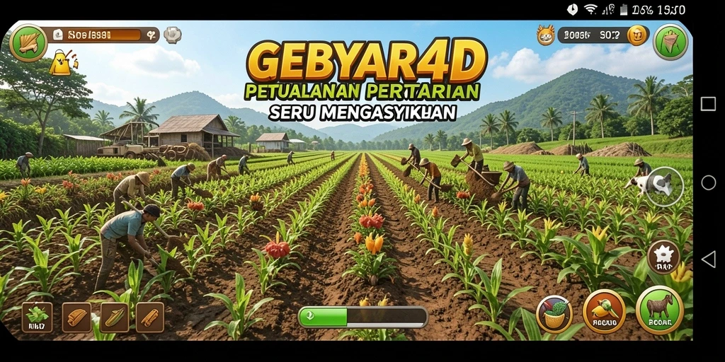 Tangkapan layar utama GEBYAR4D menampilkan aktivitas bertani yang seru.