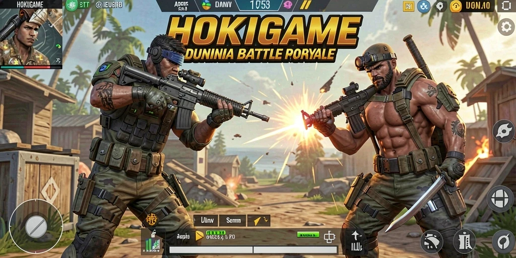Gameplay HOKIGAME yang seru dengan aksi Battle Royale yang mendebarkan.