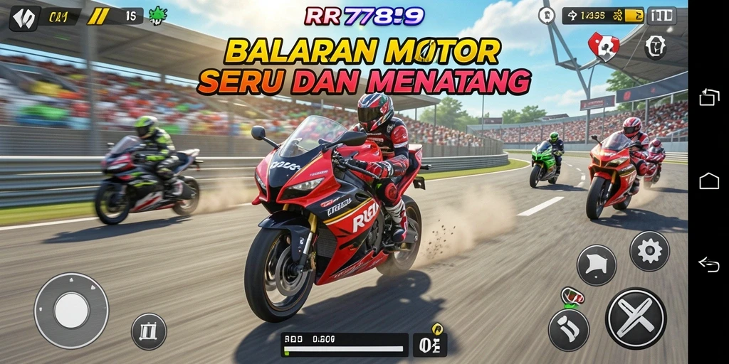 Screenshot gameplay RR789 yang menunjukkan aksi balapan motor yang mendebarkan.