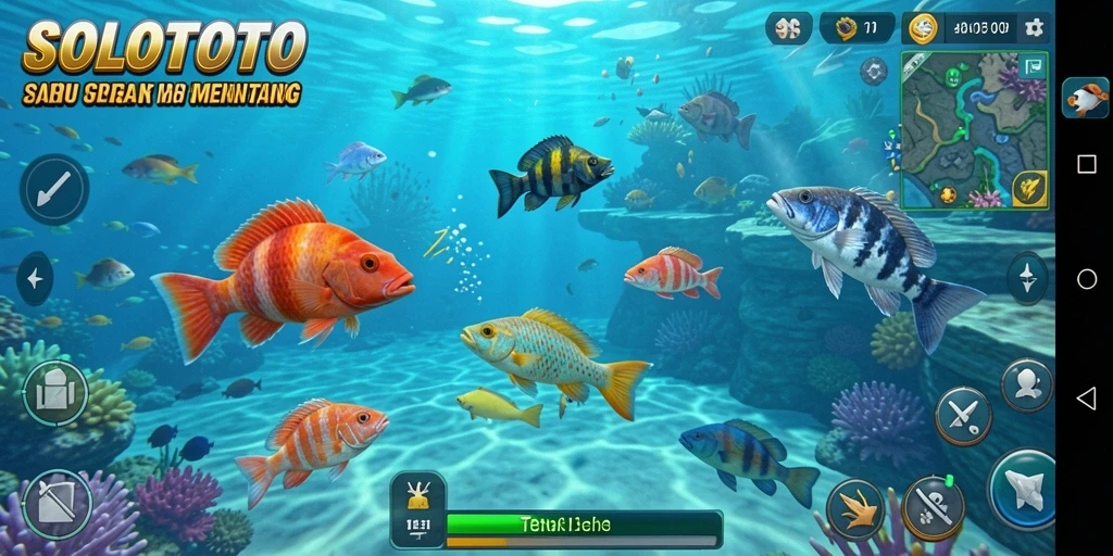 Screenshot gameplay SOLOTOTO yang menampilkan aksi menembak ikan.