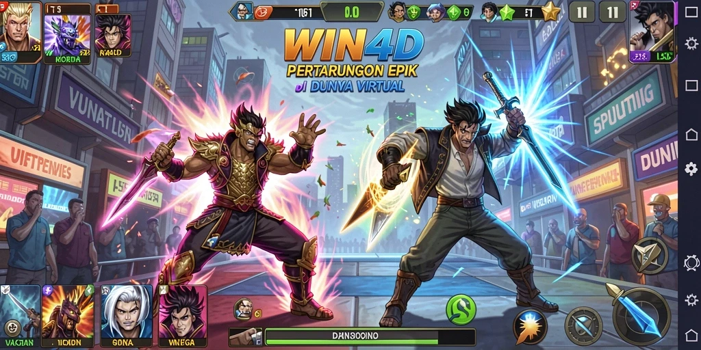 Screenshot utama WIN4D menampilkan aksi pertarungan yang mendebarkan.